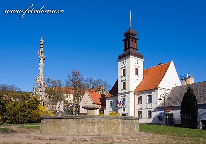 Fotka Morový sloup, kašna a radnice na náměstí, Lomnice