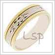 Snubní prsten z kombinovaného zlata, obdélníkového průřezu, mající boční části ze zlata žlutého a střed z bílého zlata s rytinami
