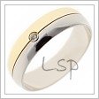 Kombinovaný svatební prstýnek, který má půlku po obvodu z bílého a druhou půlku ze žlutého zlata, obojí zaoblené, hladké a lesklé. Jednoduchost narušuje pouze vsazený kamínek zirkonu, či na přání diamant