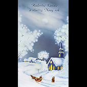 Náhled vánočního a novoročního přání V-020 - otevírací přání se zimní krajinou a zasněženým kostelem