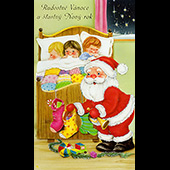 Náhled vánočního a novoročního přání V-023 - otevírací vánoční a novoroční blahopřání s dědou Mrázem a dětmi v posteli