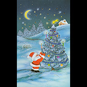 Náhled vánočního a novoročního přání V-025 - otevírací blahopřání s dědou Mrázem zdobícím velký vánoční stromeček