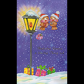 Náhled vánočního a novoročního přání V-027 - otevírací blahopřání s lucernou, ptáčky a dárky