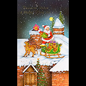 Náhled vánočního a novoročního přání V-029 - otevírací blahopřání s dědou Mrázem a sáněmi plnými dárků zaparkovanými na střeše domu u komína