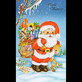 Náhled vánočního přání V-030 - otevírací vánoční přání s dědou Mrázem s pytlem plným dárků přes rameno