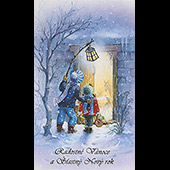 Náhled vánočního a novoročního přání V-037 - otevírací přání s dětmi u chléva s Jezulátkem