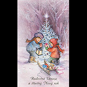 Náhled vánočního a novoročního přání V-038 - otevírací přání s dětmi u vánočního stromečku v lese