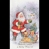 Náhled vánočního a novoročního přání V-039 - otevírací vánoční blahopřání s dědou Mrázem s dárečky a ptáčky