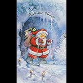 Náhled vánočního přání V-041 - otevírací vánoční přání s dědou Mrázem jedoucím na lyžích