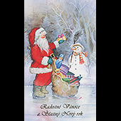 Náhled vánočního a novoročního přání V-042 - otevírací přání s dědou Mrázem, dárky a sněhulákem