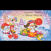 Náhled vánočního a novoročního přání V-046 - otevírací přání se sněhuláčkem a zvířátky při zimních radovánkách