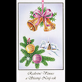 Náhled vánočního a novoročního přání V-047 - otevírací vánoční a novoroční přání se zvonečky, baňkami a chaloupkou