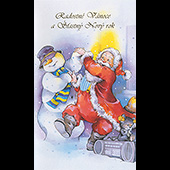 Náhled vánočního a novoročního přání V-050 - otevírací vánoční a novoroční s tančícím sněhulákem a dědou Mrázem a myšákem se špunty v uších sedícím na rádiu