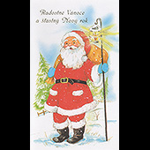 Náhled vánočního a novoročního přání V-052 - otevírací přání s dědou Mrázem s lucernou na zahnuté holi