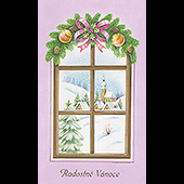 Náhled vánočního přání V-053 - otevírací vánoční přání s oknem a krajinou, fialová