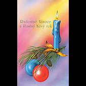Náhled vánočního a novoročního přání V-059 - otevírací blahopřání s modrou svíčkou a dvěma baňkami