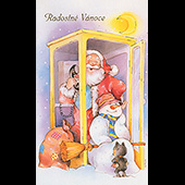Náhled vánočního přání V-061 - otevírací vánoční blahopřání s dědou Mrázem v telefonní budce a sněhulákem sedícím napůl venku