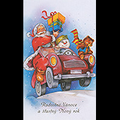 Náhled odvážného vánočního a novoročního přání V-062 - otevírací vtipné přání s dědou Mrázem a sněhulákem jedoucími ve vánočním autě s dárky