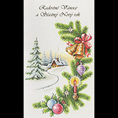 Náhled vánočního a novoročního přání V-072 - otevírací vánoční přání se zimní krajinou, větvičkami a zvonečky