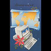 Náhled novoročenky V-074 - otevírací novoročenka s počítačem a mapou světa