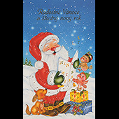 Náhled vánočního a novoročního přání V-075 - otevírací blahoipřání se zpívajícím dědou Mrázem, pejskem a ptáčky