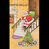 Náhled vánočního přání V-076 - otevírací vánoční blahopřání s dědou Mrázem spěchajícím se schodů ke stromečku