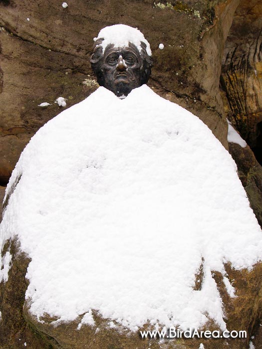 Statue of J. W. Goethe, covered in snow, Adršpašské skály, Adršpach rocks