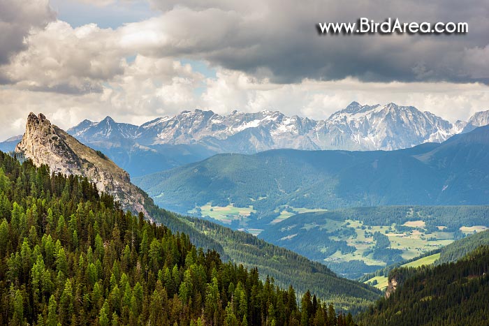 Altpragser Tal (Val di Braies Vecchia) a Pustertal (Val Pusteria) pohled z úbočí Hohe Gaisl (Croda Rossa), Dolomity