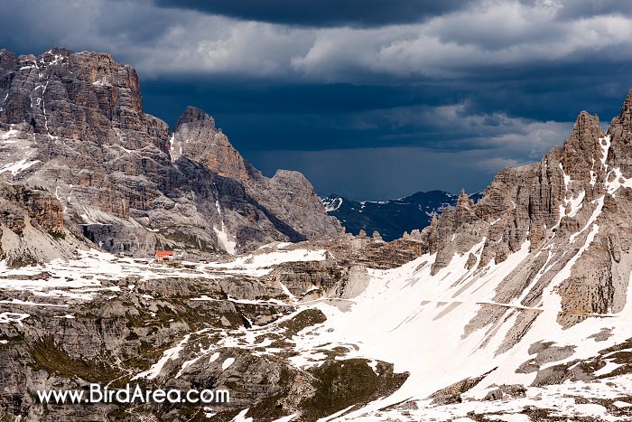 Rifugio Locatelli alle Tre Cime (Drei Zinnen Hütte) and mountain Lastron dei Scarperi (Schusterplatte)