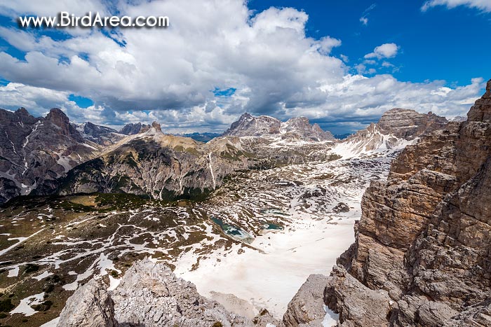 The mountains around the Valle di Rimbon, view from Zinnenkopf (Sasso di Landro) to Torre dei Scarperi (Schwabenalpenkopf), Sexten Dolomites, Sesto Dolomites, South Tyrol