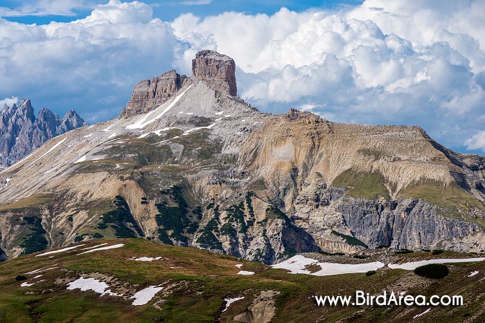 Torre dei Scarperi (Schwabenalpenkopf), pohled z Zinnenkopf (Sasso di Landro), Sextenské Dolomity