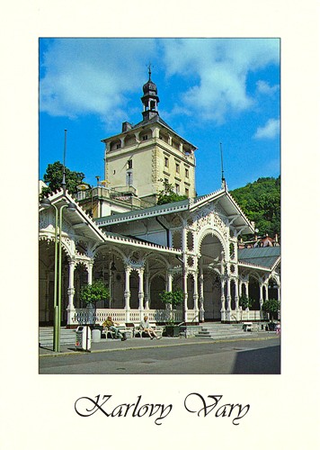 Pohlednice Karlovy Vary - Tržní kolonáda a Zámecká věž